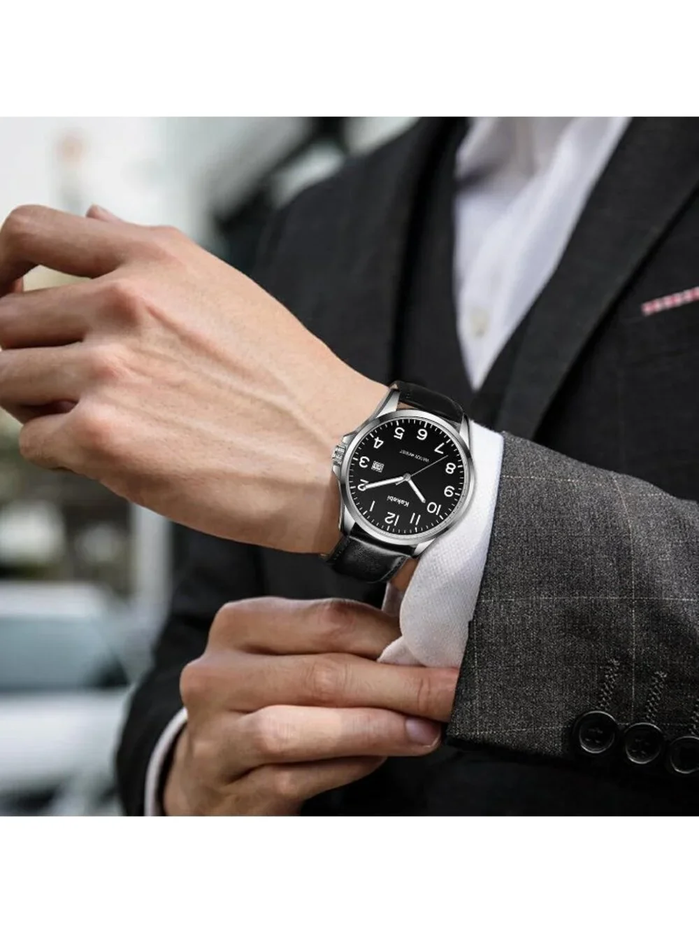 Men's Black Leather Strap Analog Quartz Waterproof Minimalist Round Wrist Watch